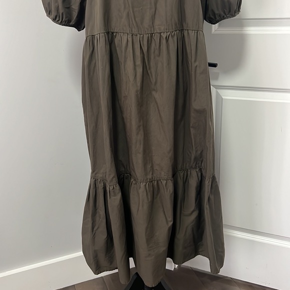 H&M Dark Khaki Green Puff Sleeve Tier MIDI Dress size Medium - Picture 3 of 6